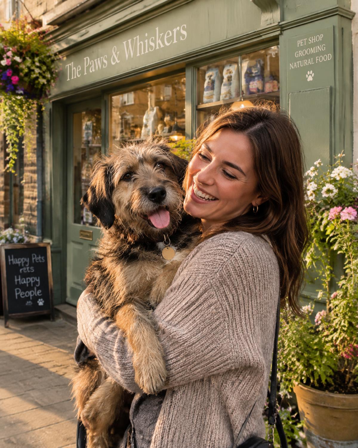 A happy terrier with its owner outside a pet shop